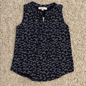 Loft Navy/White Floral Sleeveless Shirt with Ties